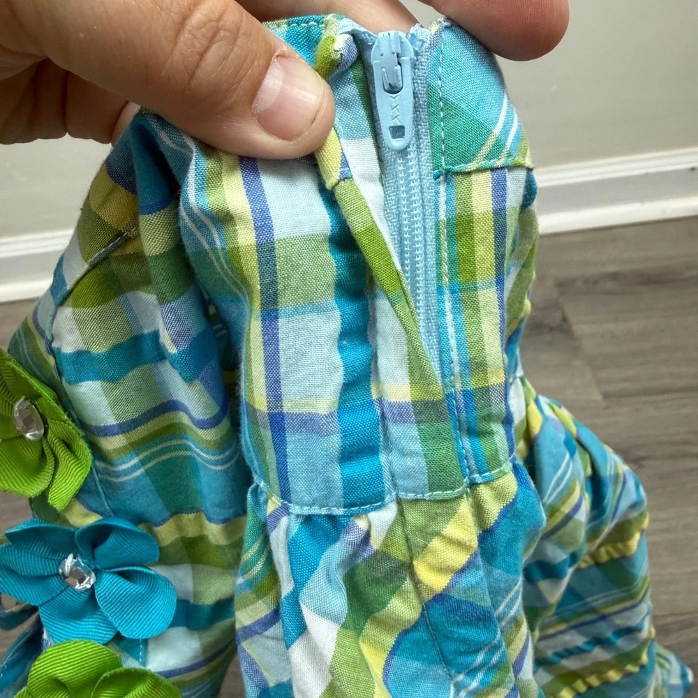 Gymboree Girls Blue Green Plaid Halter Dress 3D Flower Rhinestone Size 7 NWT